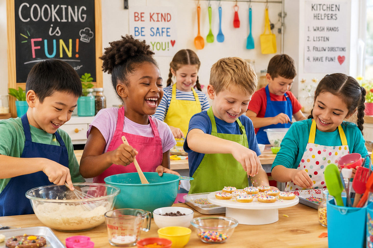 Kids cooking together in a Sticky Fingers Cooking class